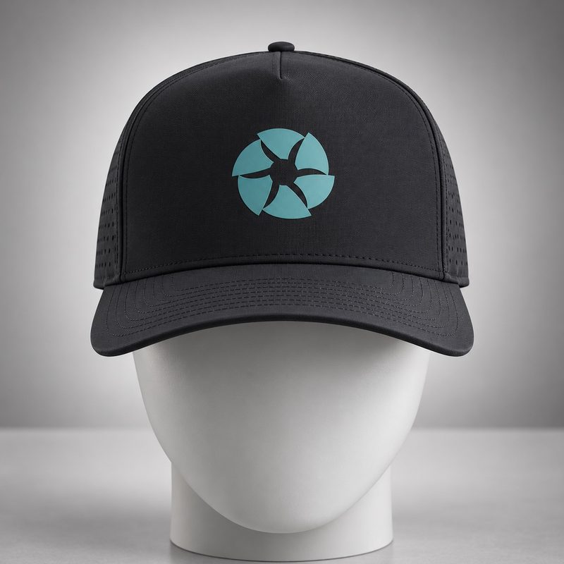 Black cap with the teal Aperture Chat mark on the front
