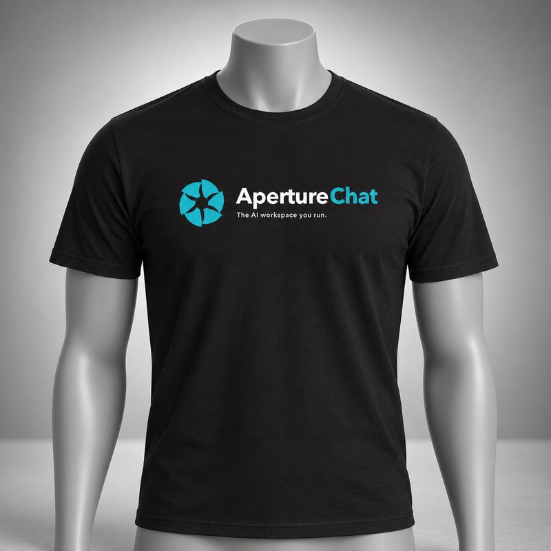 Black T-shirt printed with the Aperture Chat logo and the line “The AI workspace you run.”