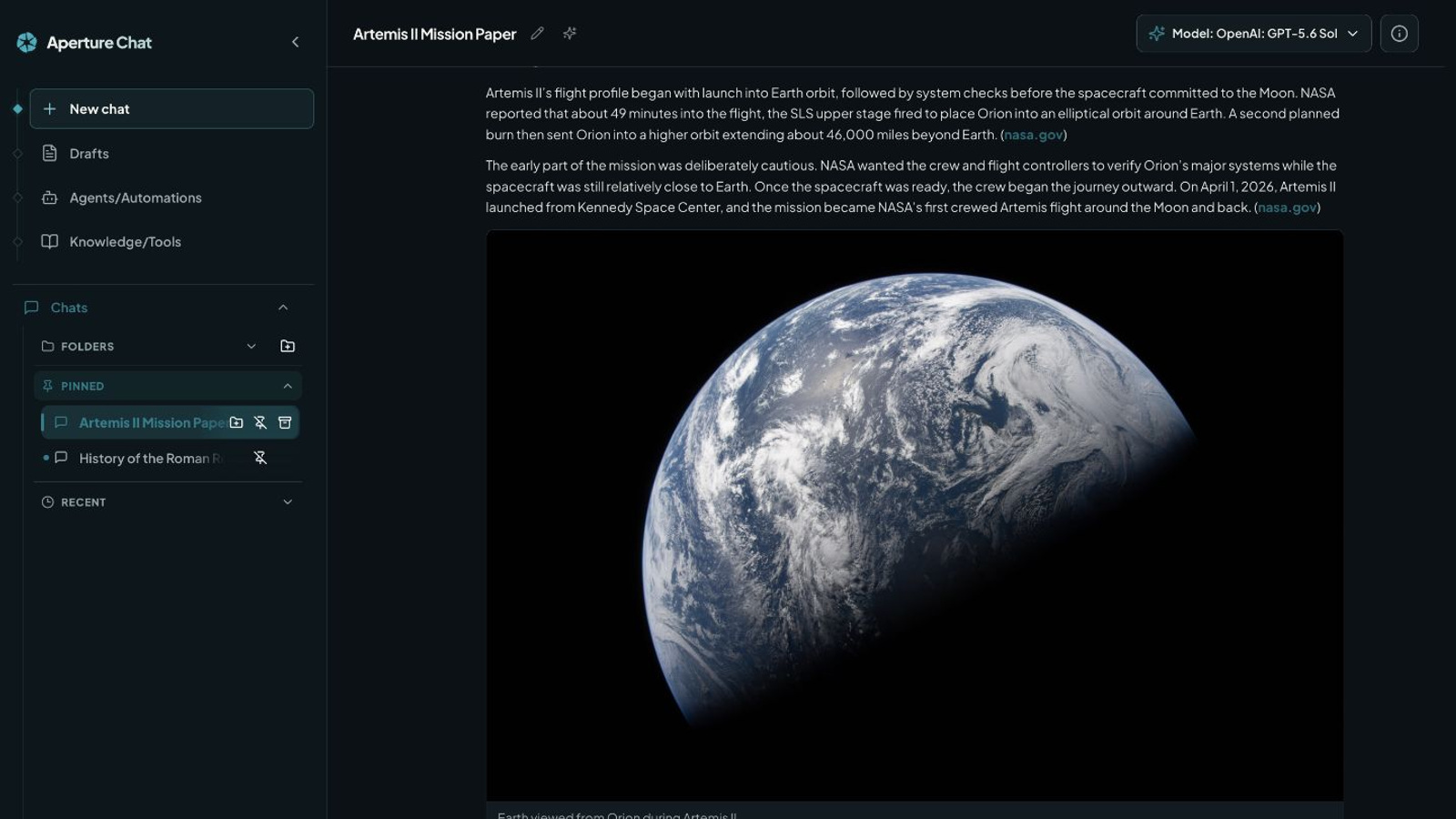 Artemis II research conversation with Earth imagery and source links