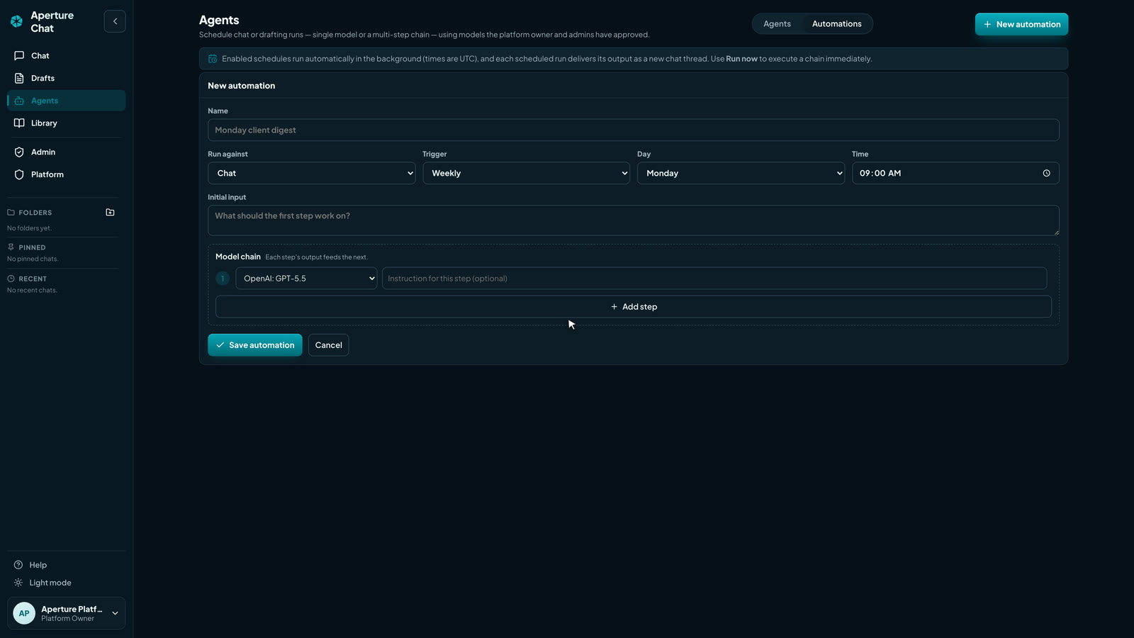 Automation builder with a model chain