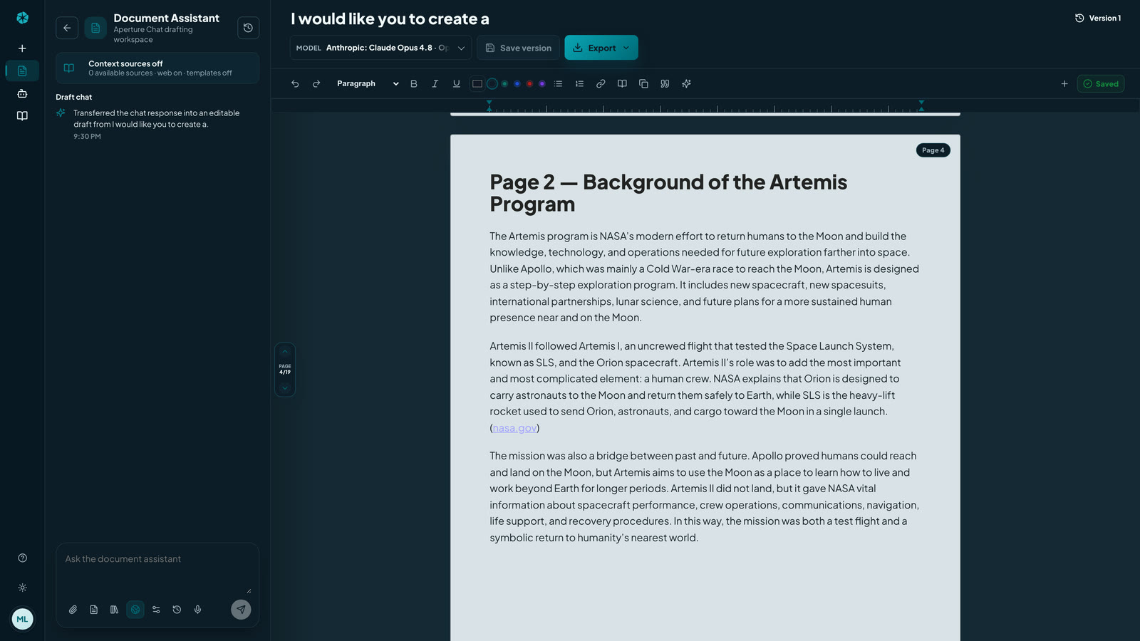 Drafting workspace with a paginated document