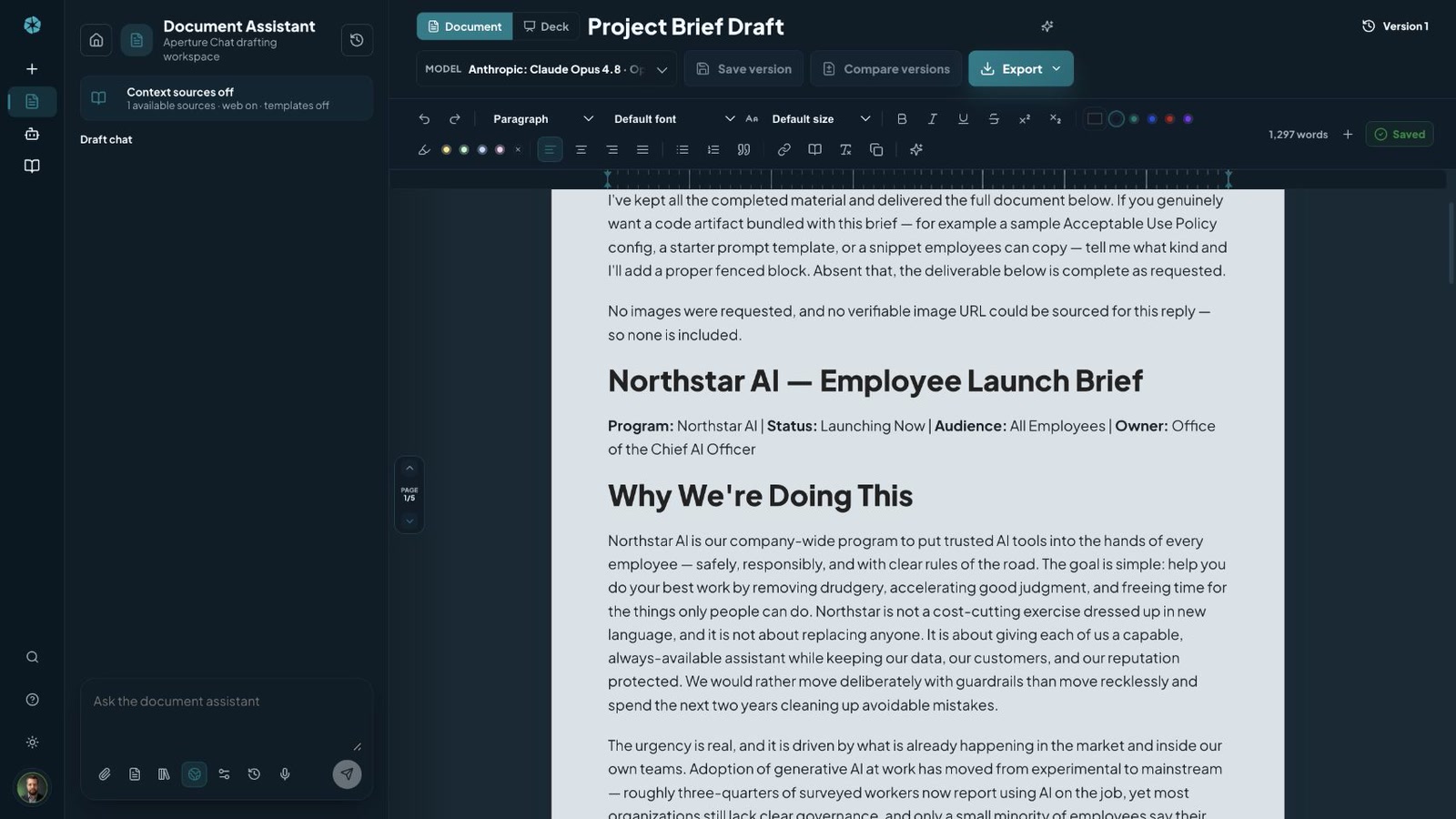 Drafting workspace with a paginated document